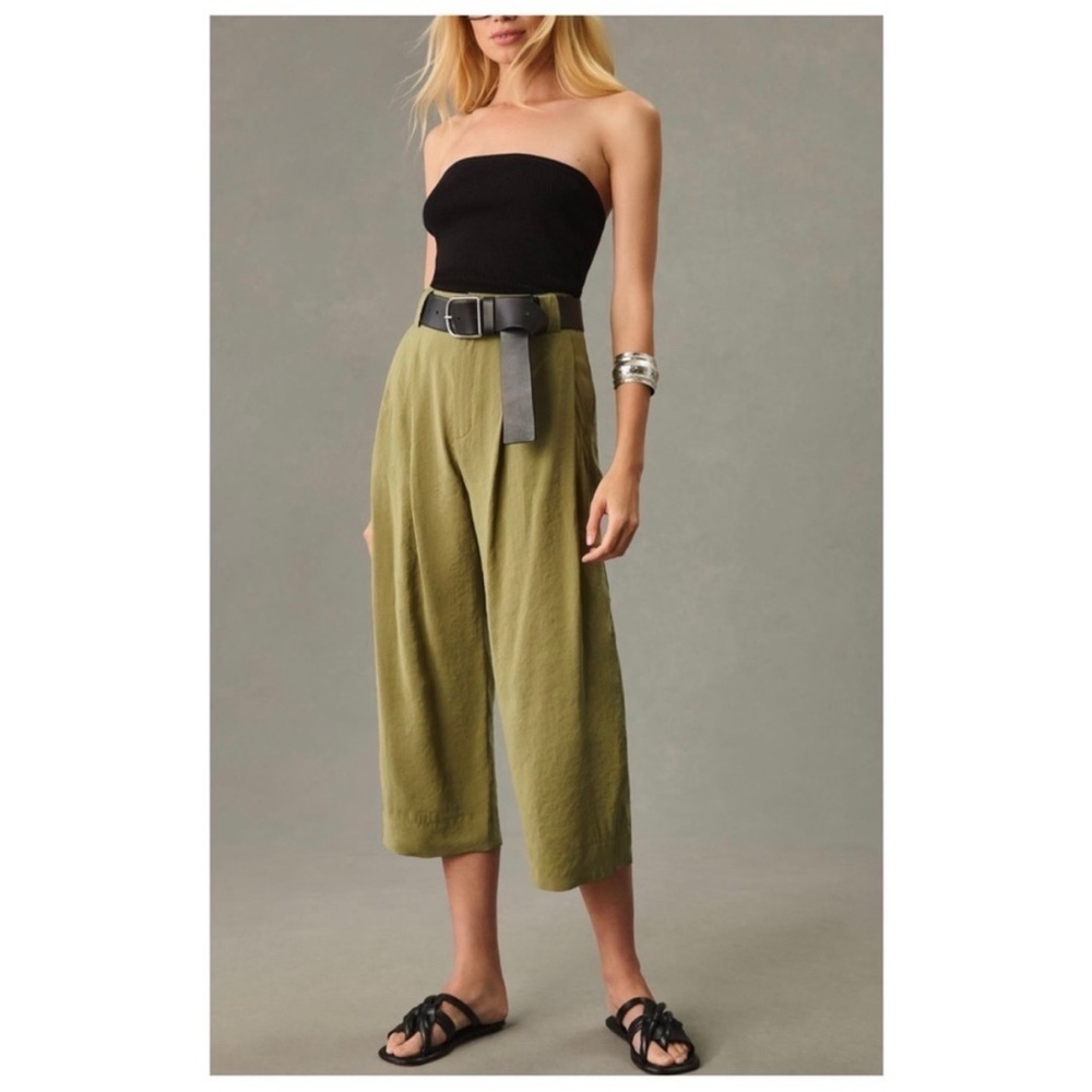 By Anthropologie Cropped Pleated Green High Rise Soft Trousers Pants 12